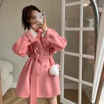 2023 new coat female autumn and winter honey peach pink lace wool What about the long and short section of the coat in the womens winter