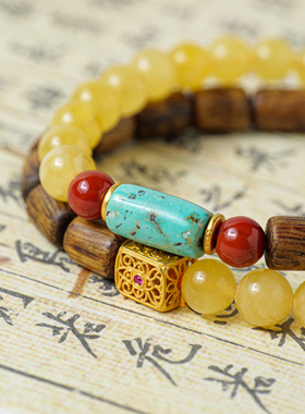 范语 · 藏式沉香多宝双圈手串 扎基拉姆女财神元素 绿松南红蜜蜡
