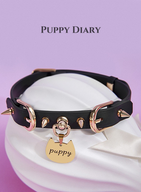 Puppy*真皮朋克项圈铆钉黑色choker小狗挂牌甜酷男女通用项链情侣