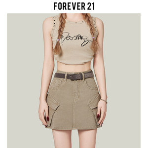 Forever21浅咖色美式工装半身裙女高腰辣妹A字牛仔裙包臀超短裙子