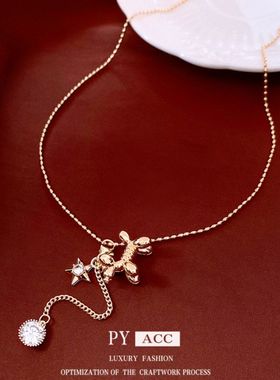 可气质项链毛衣链真金轻奢小狗吊坠调节高级感14K时尚电镀项饰女
