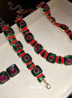 vintage中古拼接镶钻方形套装链