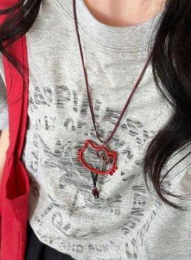 个性项链猫咪吊坠风双层蜡绳时尚