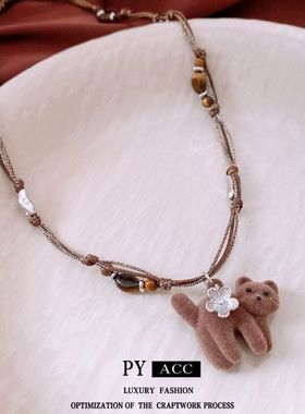 秋冬毛衣链百搭简约项饰女小众串珠风吊坠虎眼石休闲小猫长款项链