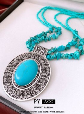 项链vintage项饰串珠石头吊坠椭圆形毛衣链时尚百搭中古双层复古