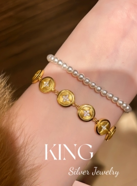 招财大女主 | king银饰珠宝双面拉丝铜钱复古女纯银项链手链耳钉