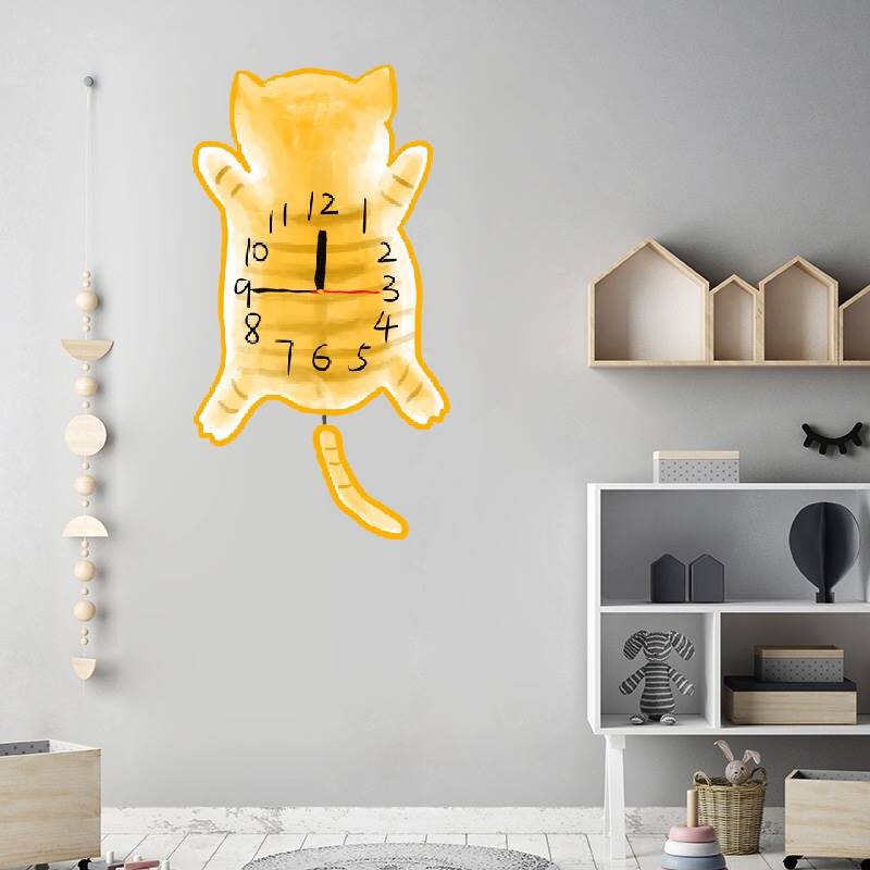 摇尾猫咪卡通儿童超静音挂钟家用客厅卧室可爱时尚创意胖橘时钟表 - 图0