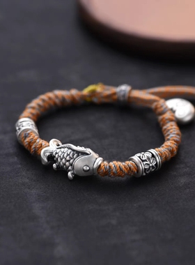 新款足银999锦鲤鱼幸运手链男女款复古上岸编织手绳送朋友礼物