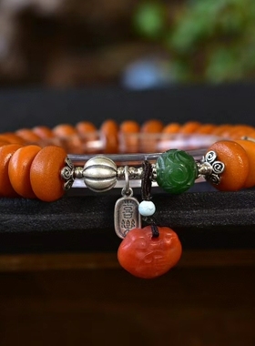 新款天然蜜蜡车轮珠手串满蜜老蜡搭配南红如意锁925纯银配件手链