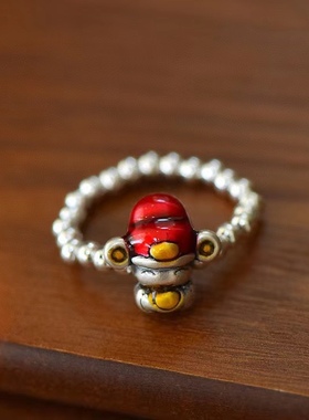 新款足银999财神爷五福戒指搭配925银光珠简约喜庆原创春节礼物