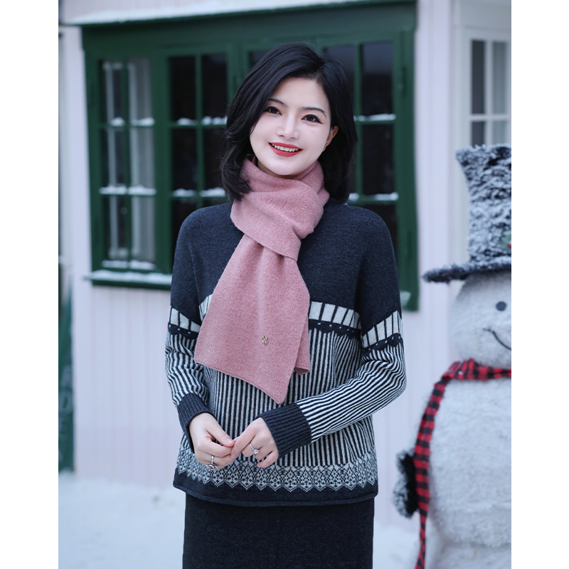 枫竺女装阿楠anan纯羊毛冬季百搭保暖针织花纱粉围巾20.5*158cm - 图0