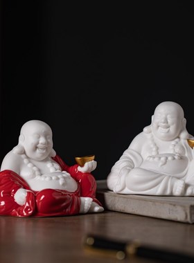 速发白瓷招财大肚车装佛笑佛摆件陶瓷家居玄关博古架办公桌面弥载