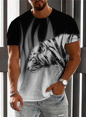 老虎3D数码印花圆领短袖T恤男
