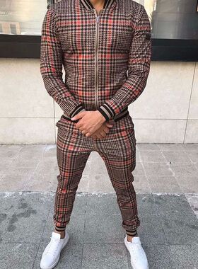 男士方格夹克修身套装