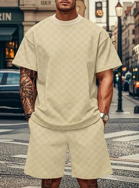 男士宽松圆领棋盘格短裤套装