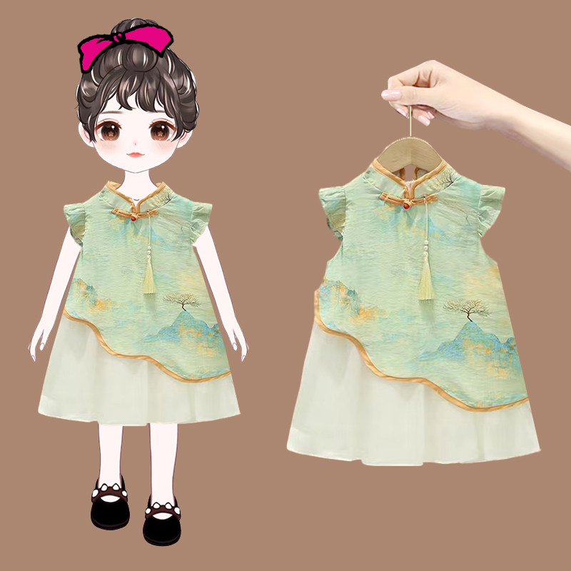 拉夏贝尔女童连衣裙夏季新款气质国潮童裙小女孩分层盘扣旗袍裙