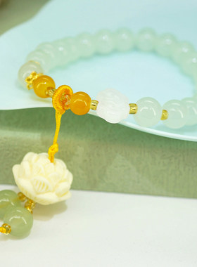 女孩手链国潮莲花吊坠手串糖果色中式学生手链礼物义乌饰品混批