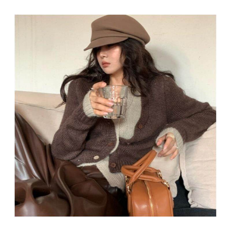 韩系撞色假两件针织开衫外套女秋季v领设计感设计感软糯亲肤毛衣,淘宝优惠券,粉丝福利购,淘宝优惠卷