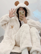 Autumn winter sleeping robe womens winter style plus suede thickened 2023 new coral suede cute cartoon pyjamas home suit suit