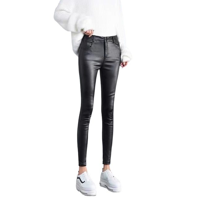 Thickened leather pants for women in autumn and winter black slimming plush and unfilled leather tights for women in women