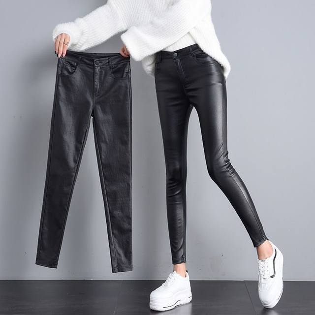 Thickened leather pants for women in autumn and winter black slimming plush and unfilled leather tights for women in women