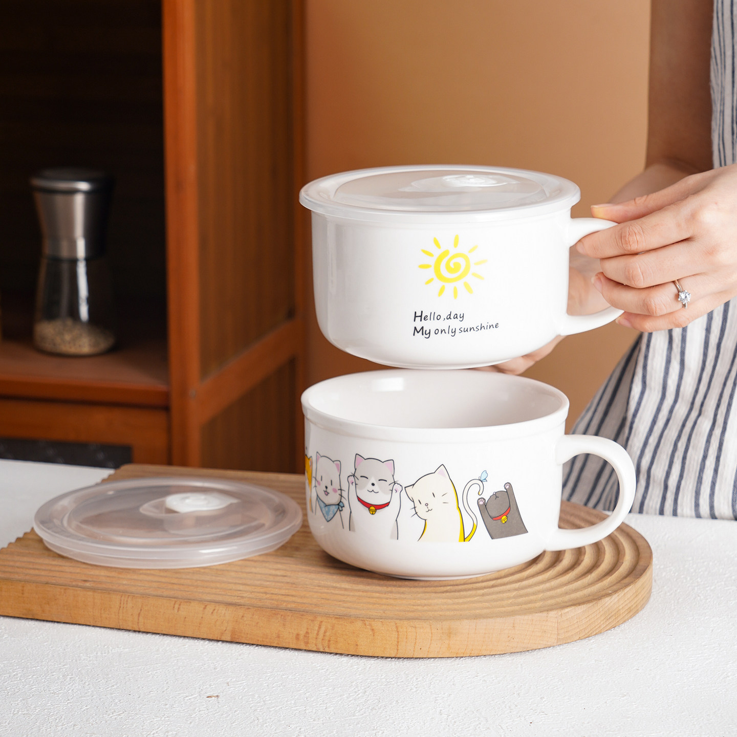 日式陶瓷泡面碗带盖家用保鲜碗创意学生宿舍带手柄汤碗微波炉碗,淘宝优惠券,粉丝福利购,淘宝优惠卷