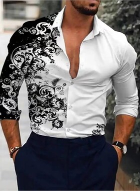 休闲欧码渐变3D印花长袖衬衫男