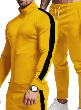 男士立领拼色修身束脚运动套装