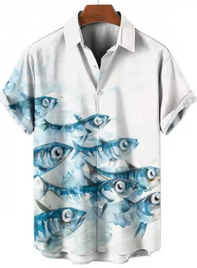 3d数码印花鱼类休闲夏季短袖衬衫