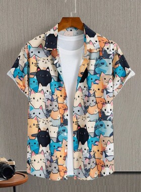 休闲翻领可爱猫3D印花短袖衬衫