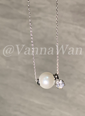 VanWan 施华星.单颗珠珠闪钻吊坠百搭项链可抽拉