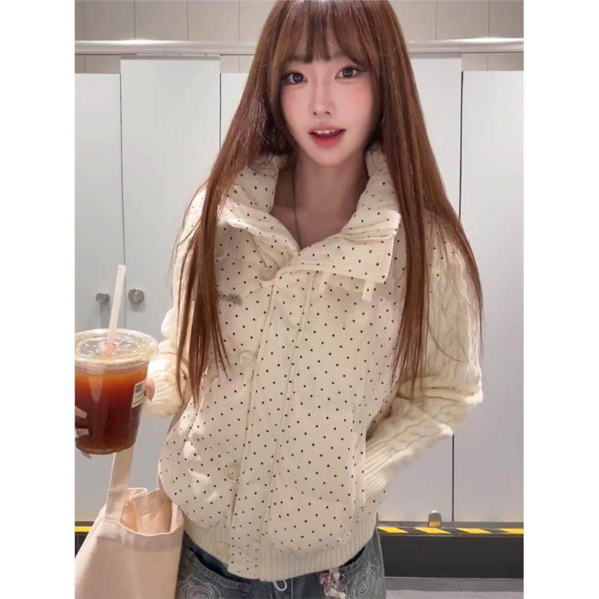 韩系甜美波点针织拼接长袖棉服外套女冬季宽松加厚短款保暖面包服,淘宝优惠券,粉丝福利购,淘宝优惠卷