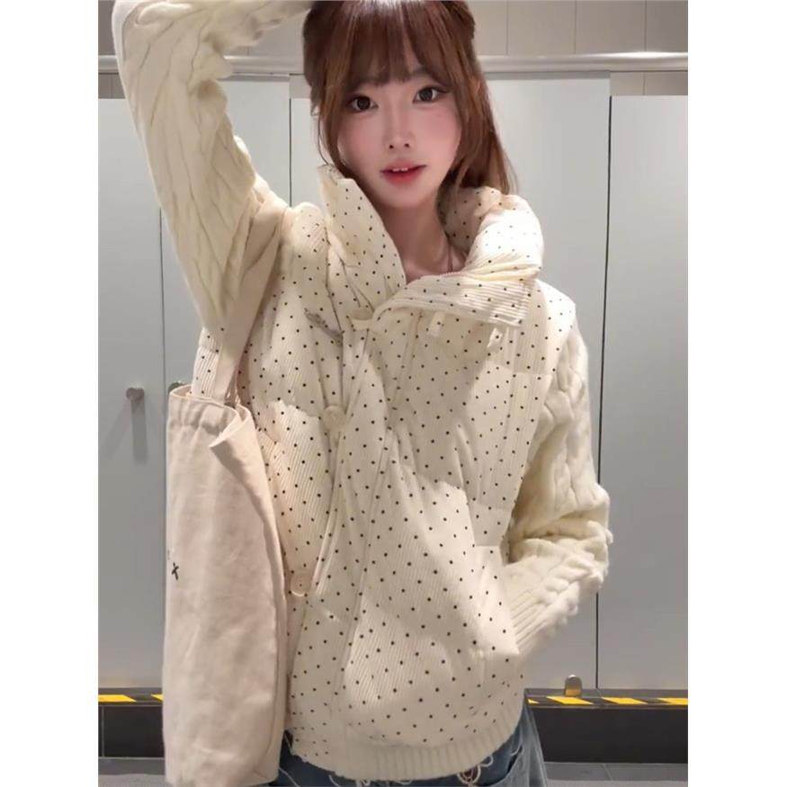 韩系甜美波点针织拼接长袖棉服外套女冬季宽松加厚短款保暖面包服,淘宝优惠券,粉丝福利购,淘宝优惠卷