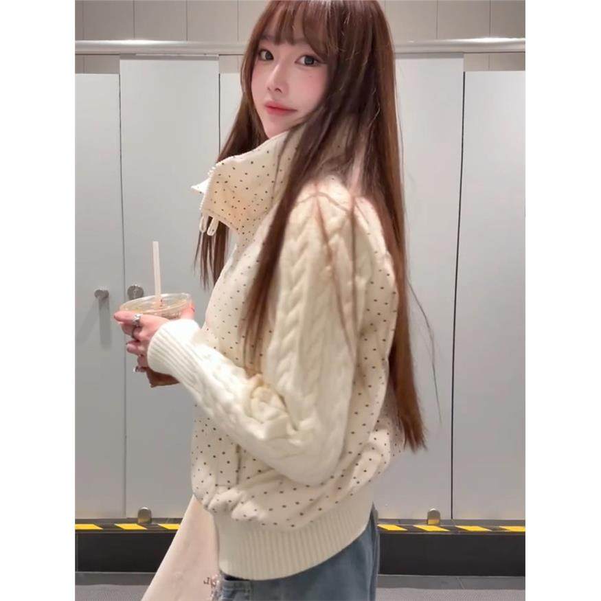 韩系甜美波点针织拼接长袖棉服外套女冬季宽松加厚短款保暖面包服,淘宝优惠券,粉丝福利购,淘宝优惠卷
