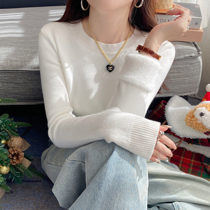 圆领加绒毛衣女2025新款秋冬季加厚水貂绒内搭打底衫白色针织上衣,淘宝优惠券,粉丝福利购,淘宝优惠卷