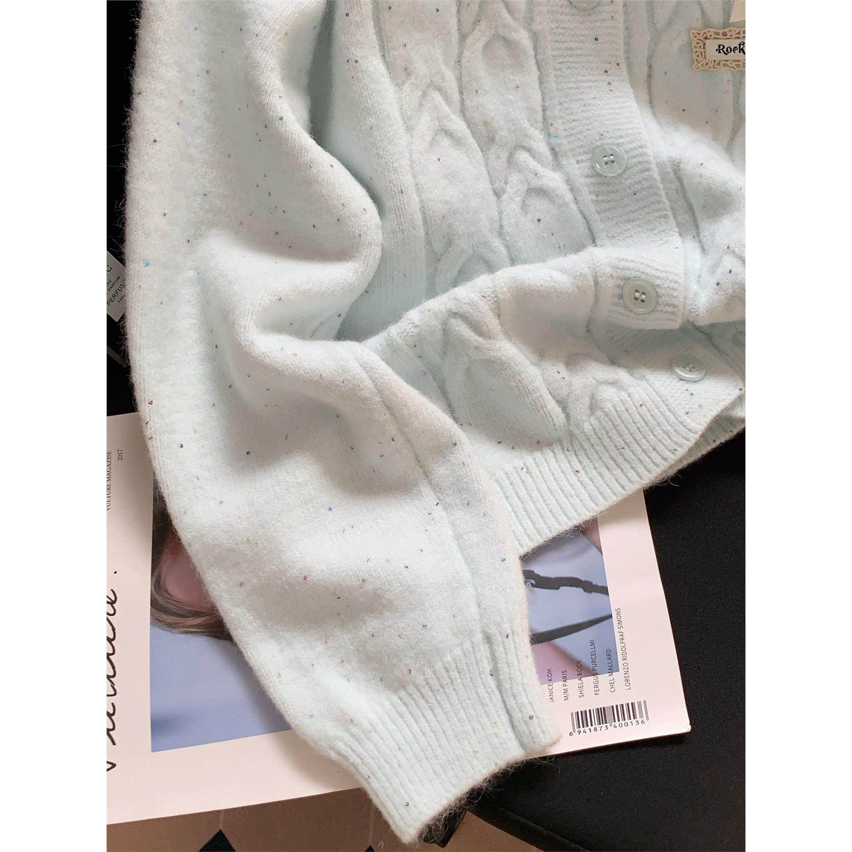 蓝色甜美娃娃领花边针织开衫女学院风日系穿搭毛衣外套奶乖上衣秋,淘宝优惠券,粉丝福利购,淘宝优惠卷