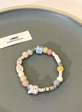 新款可爱甜美小清新陶瓷兔子手链女ins风马卡龙彩色童趣手串