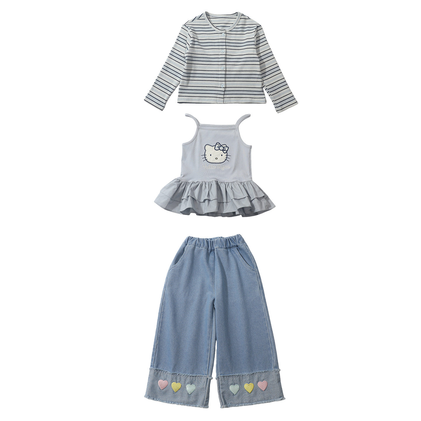 女童条纹开衫吊带三件套春季韩版2026新款洋气儿童爱心牛仔裤套装,淘宝优惠券,粉丝福利购,淘宝优惠卷