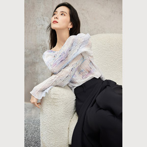 对白DUIBAI凯伊莱文联名浪漫雪纺衬衫女2024年新款褶皱肌理感上衣