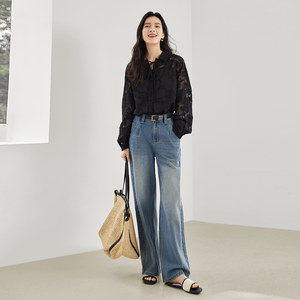 对白DUIBAI复古剪影提花雪纺衬衫女2024春装新款显瘦镂空罩衫上衣