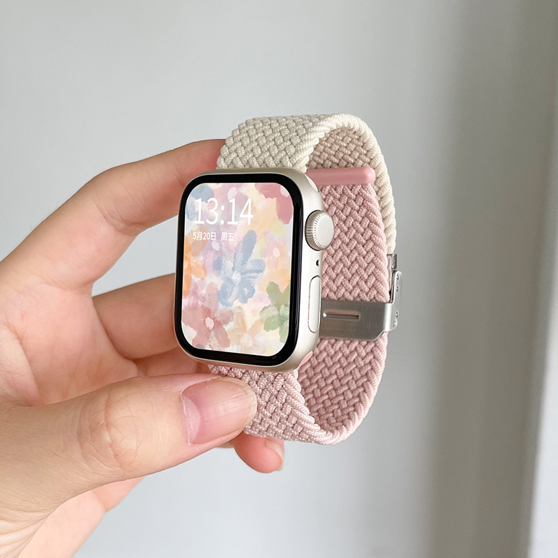 适用苹果iwatchs9/8/7/6/5/SE尼龙拼色弹力iwatch/ultra2金属卡扣拼色applewatch表带编织女生小众38/40/41mm - 图0