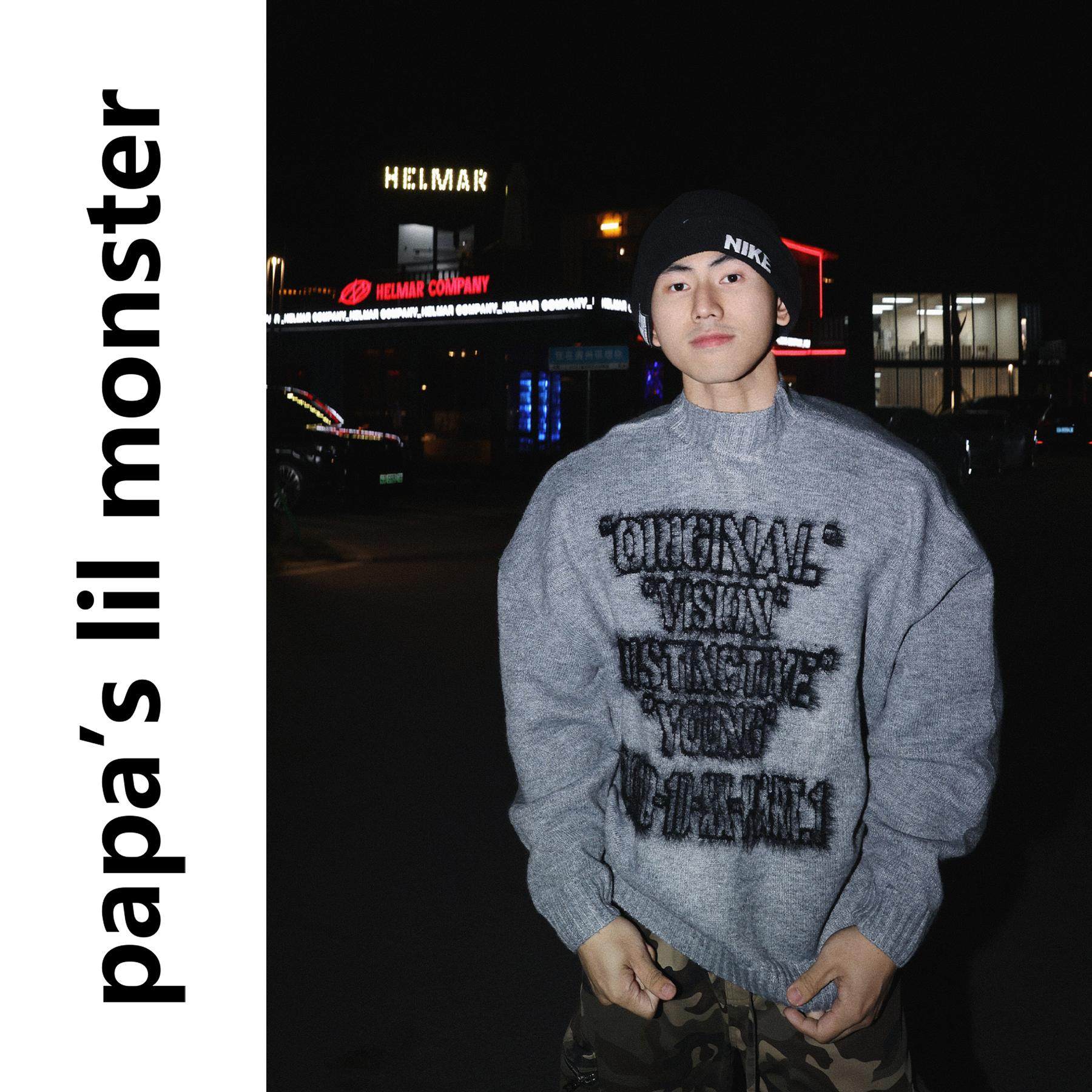 PAPASLILMONSTER美式街头半高领撞色毛衣男字母LOGO提花针织衫女,淘宝优惠券,粉丝福利购,淘宝优惠卷