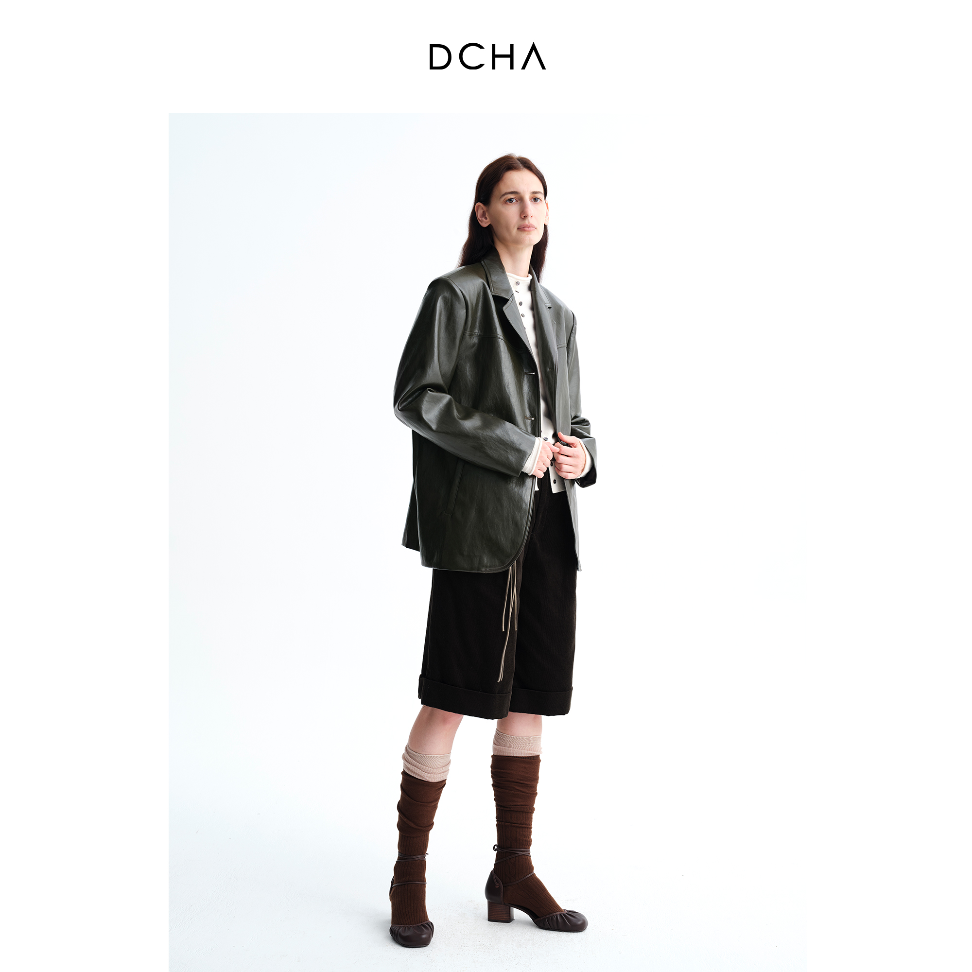 DCHA复合高密棉宽松直筒灯芯绒高腰卷边阔腿长裤六分裤 - 图0