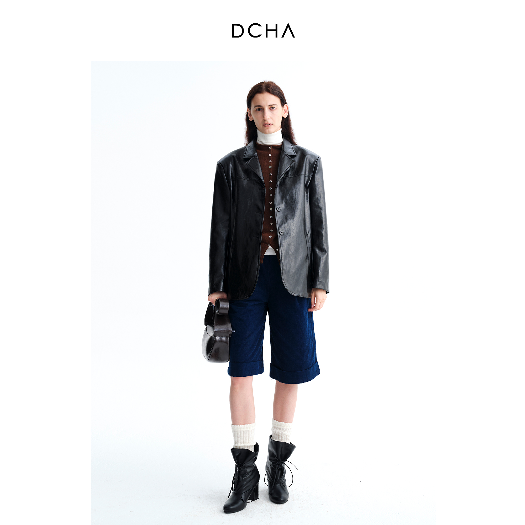 DCHA复合高密棉宽松直筒灯芯绒高腰卷边阔腿长裤六分裤 - 图2