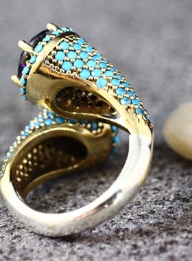 Vintage Gold Color Turquoises Beaded Opening Ring For Women
