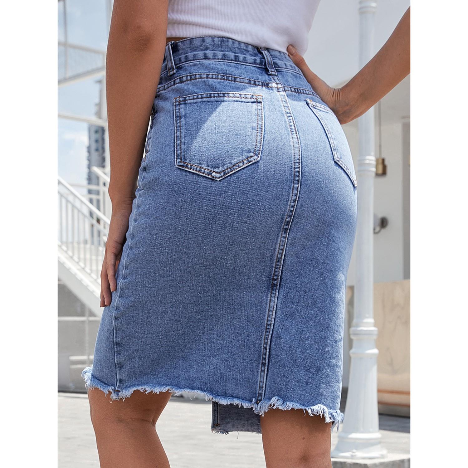 Women High Waist Denim Skirts Summer Mid-length Jeans Skirt-图0