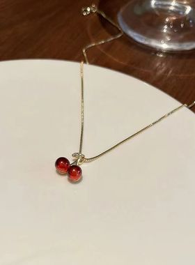 红色樱桃项链轻奢小众设计高级感项坠吊坠女锁骨链气质颈链配饰夏