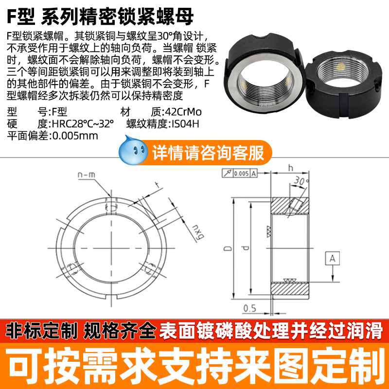 F 型螺母自锁精密锁紧螺母径向防松止退螺帽牙腹数控机床轴承锁母 - 图1