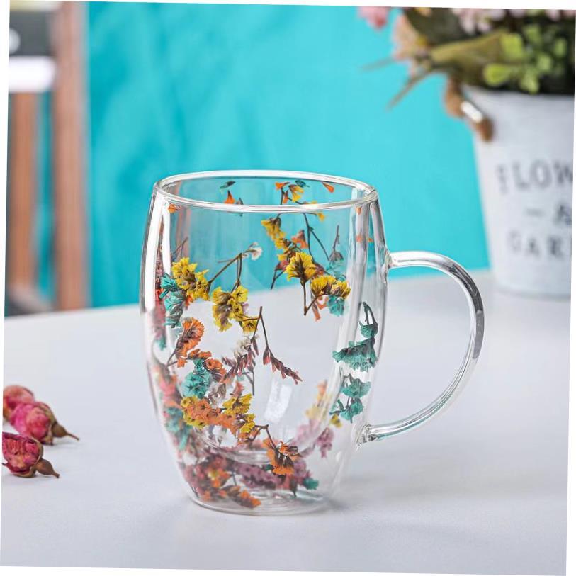 Creative Double Wall Glass Cup Real Flower Conch Flash Fille - 图1