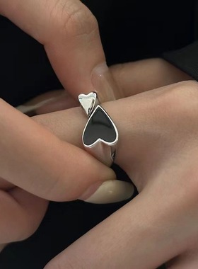 黑色爱心戒指女ins小众时尚个性简约开口可调节指环食指戒尾戒潮